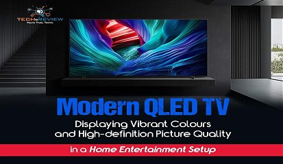 Modern QLED TV displaying vibrant colours and high-definition picture quality in a home entertainment setup.